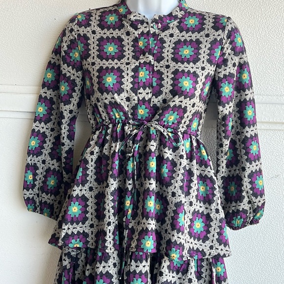 Rowe Three Tiered Dress Grey/Purple- Quilt Print  Long Maxi Modest Girls 10 New - Picture 7 of 8